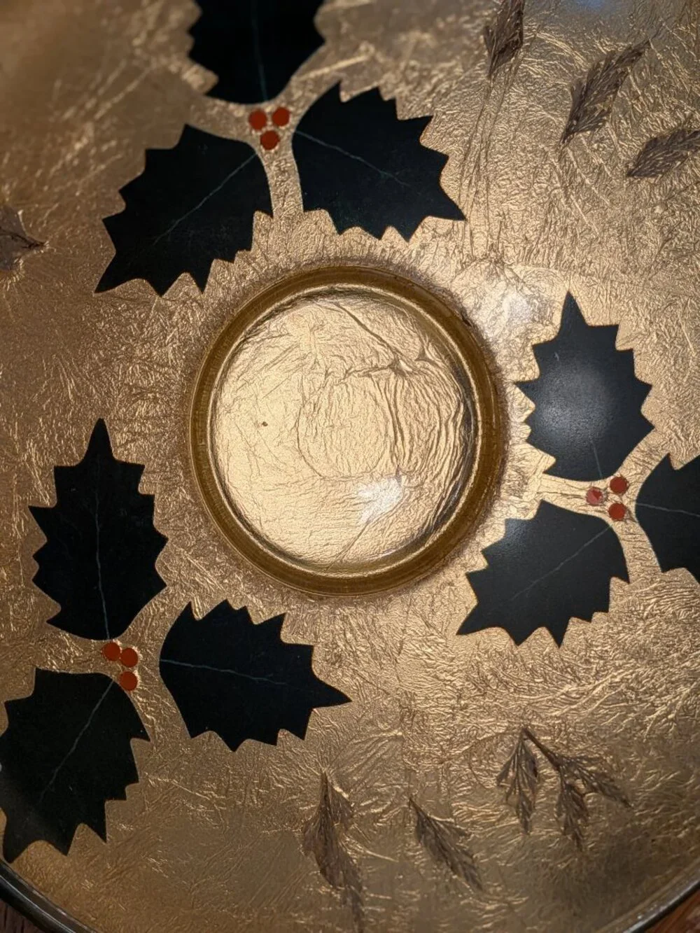 Vintage Holiday Brass Enamel Painted Bowl Christmas Holly Berries and Leaves